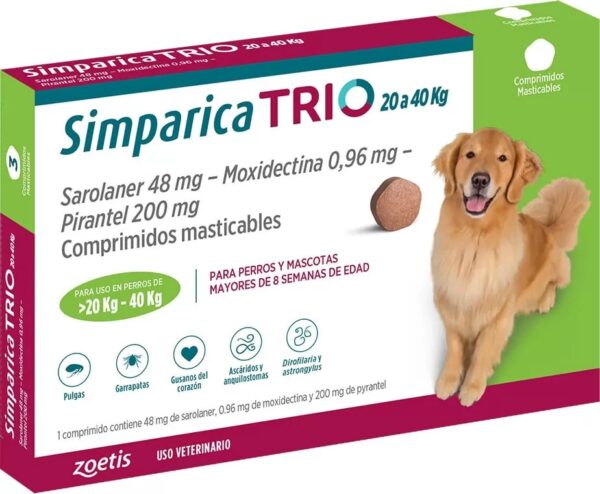 SIMPARICA TRIO 20 A 40 KG ANTIPARASITARIO INTERNO Y EXTERNO x 3 COMPRIMIDOS